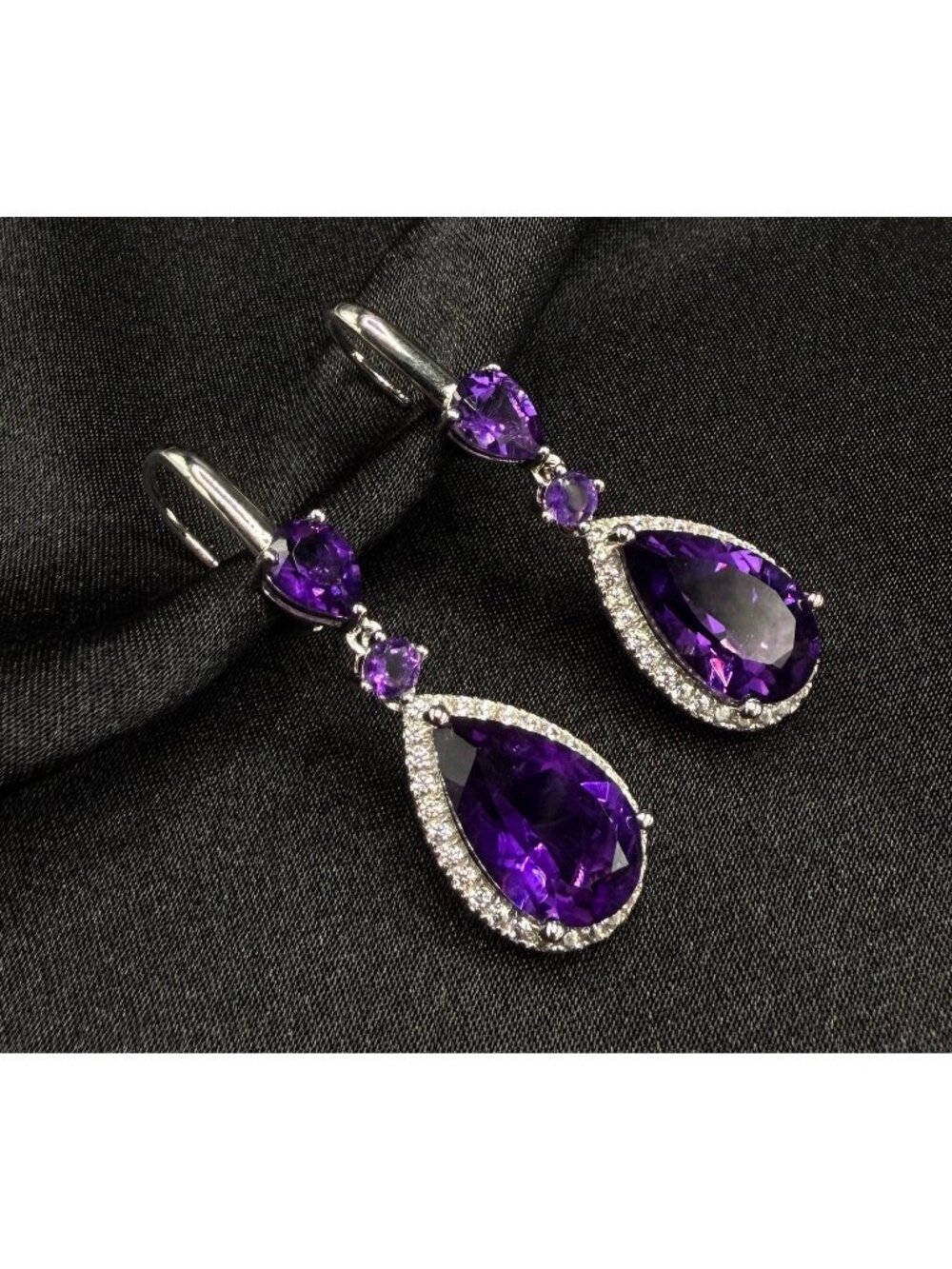 925 Sterling Silver DK Signed Drop Earrings With Lab-Created Amethyst